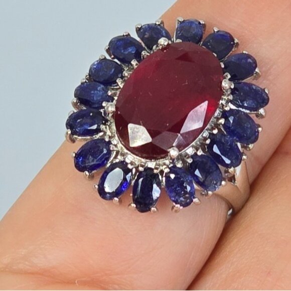 925 Sterling Silver Ring wirh Natural Ruby 10X14mm & Blue Sapphire Gems - Picture 2 of 11
